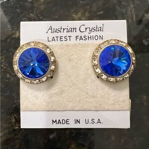 Earrings Austrian Crystal Ear Blue Round Sparkle Vintage‎ 90s Maximalist Y2K